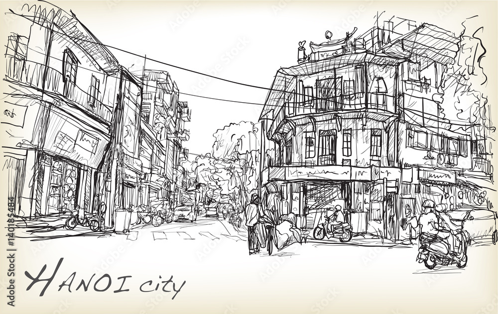 sketch of Hanoi town street market and old building , free hand draw illustration vector