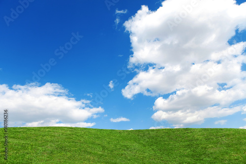 Landscape of grass field on bright sunny day. Nature beauty background, blue cloudy sky and summer green meadow. Outdoor lifestyle. Freedom concept.