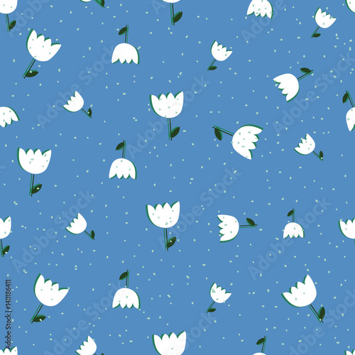 Seamless pattern with graphic tulips on blue background. Spring wrapping paper. Hand drawn Vector illustration. Nature texture.
