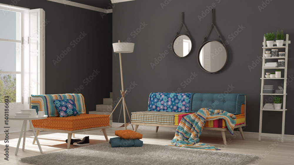 Obraz premium Scandinavian living room with colorful couch, armchair and soft fur rug, minimalist white and gray interior design