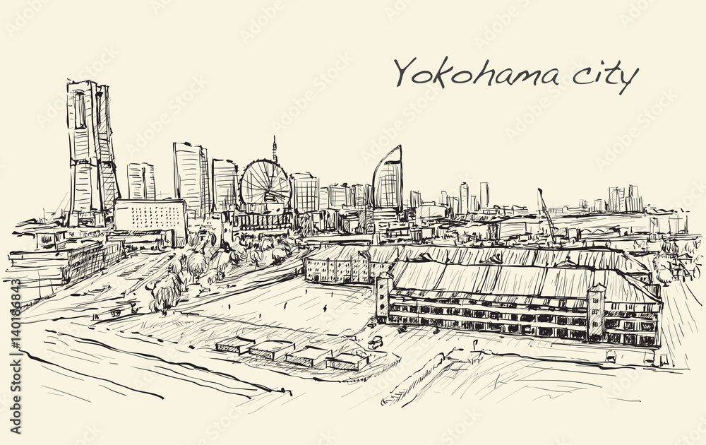 city scape skyline of Yokohama in Japan free hand drawing, vector