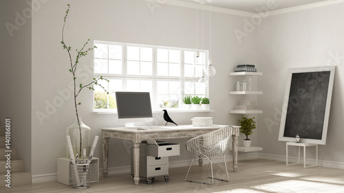 Home workplace, scandinavian house room corner office, classic minimalist interior design © ArchiVIZ