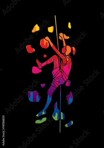 Woman climbing on the wall design using melting colors graphic vector.