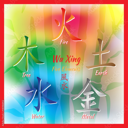 Five Feng Shui Elements Set - Chinese Wu Xing symbols. Translation of chinese hieroglyphs- wood, fire, earth, metal, water.