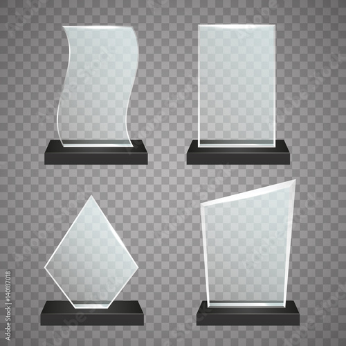 Set of transparent glass awards, vector trophy illustration on simple background