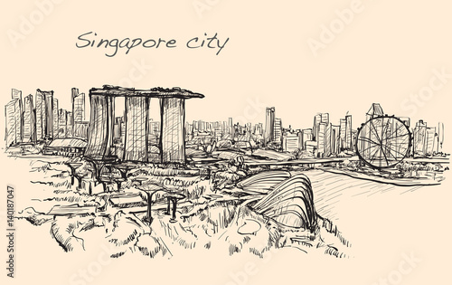sketch cityscape of Singapore skyline, free hand draw illustration vector