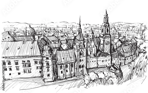 Sketch city scape Poland Krakow castle towers, free hand draw illustration vector
