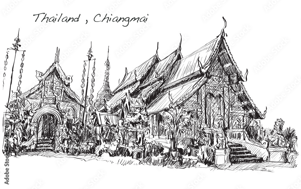 sketch of Thai temple asia style in Chiangmai, Wat Mahawan temple, hand draw illustration vector sketch of Thai temple asia style in Chiangmai, Wat Mahawan temple, hand draw illustration vector