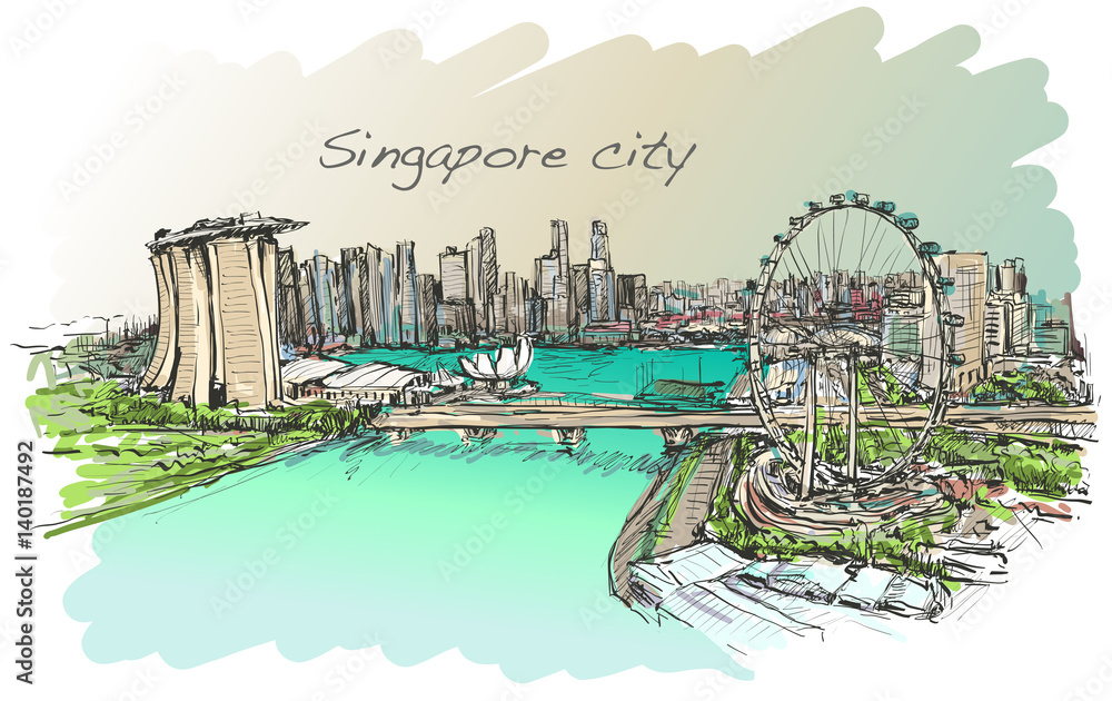 sketch city scape,of Singapore skyline, free hand draw illustration vector