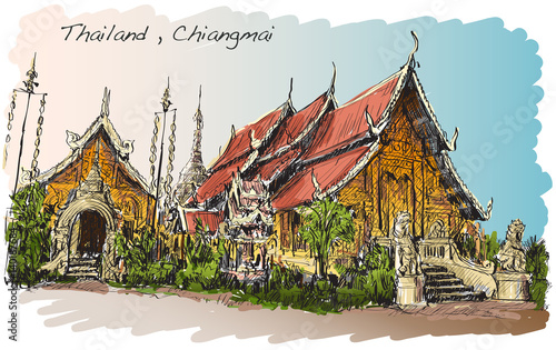 sketch of Thai temple asia style in Chiangmai, Wat Mahawan temple, hand draw illustration vector photo