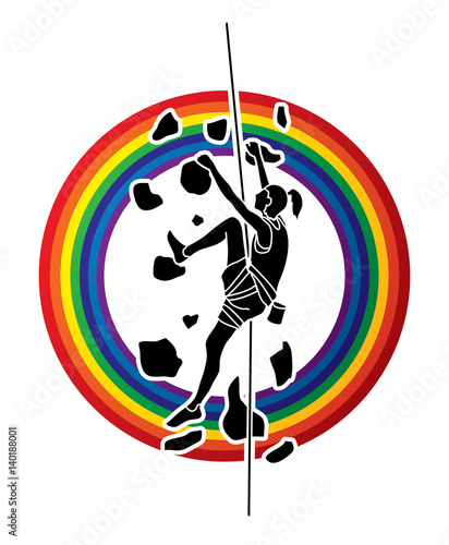 Woman climbing on the wall designed on line rainbow background graphic vector.