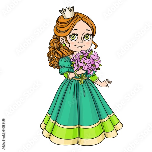 Beautiful princess holding bouquet of pink lilies in hand isolated on white background