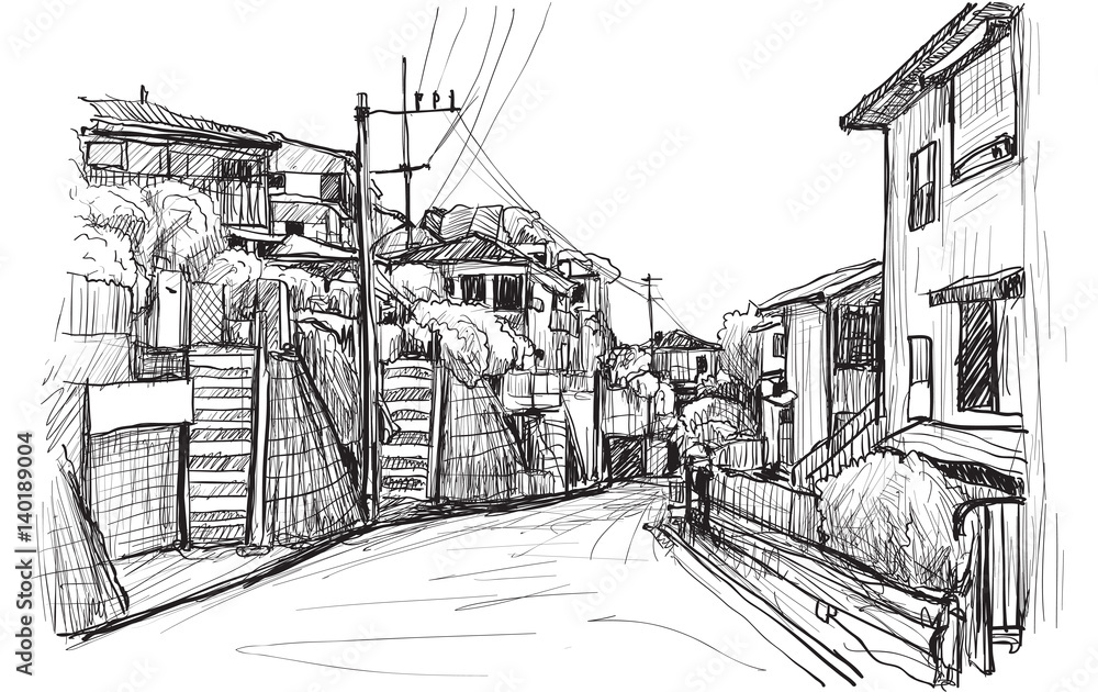 sketch city scape of local village in Yokohama Japan, free hand draw illustration vector