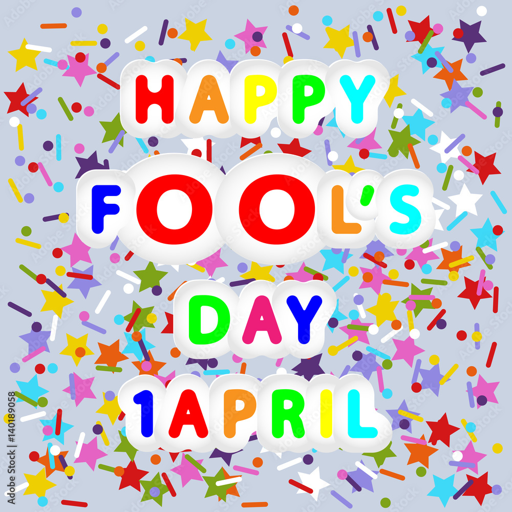 rounded lettering vector of happy fool's day 1 april on color stars, lines and dots backgrounds