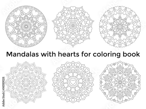 Set mandalas with hearts. Collection symmetric circular ornaments