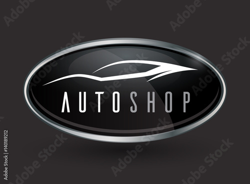 Concept auto vehicle dealership logo design of black and silver chrome badge icon on a dark grey background with a white sports car silhouette. Vector illustration.