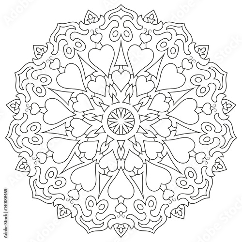 Page coloring mandala with hearts isolated on white