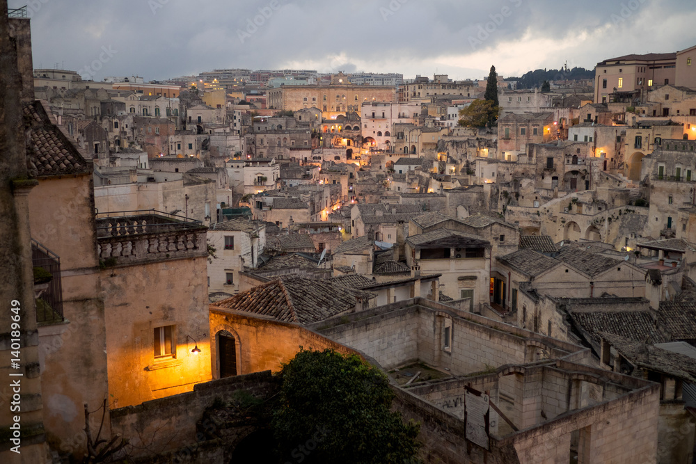 Panorama of sassi of Matera in the twilight
