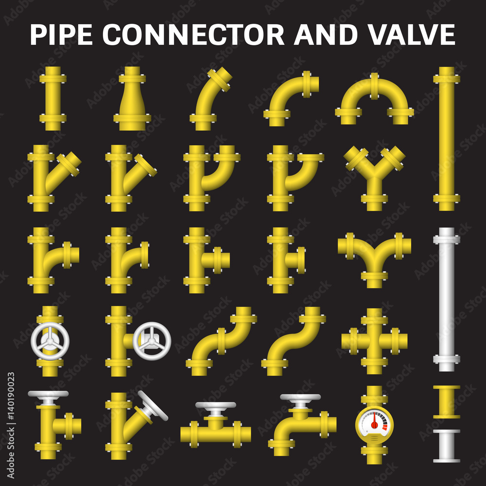 Obraz premium Pipe icon and flange fitting. Include control valve and pressure gauge. For pipeline construction and transportation liquid or gas i.e. oil, natural gas. Also for sewage, plumbing and irrigation.