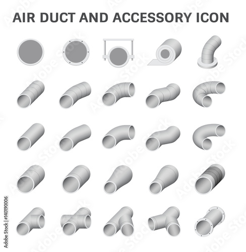 Vector icon of air duct pipe fitting for air conditioner and HVAC system, gray metallic color.