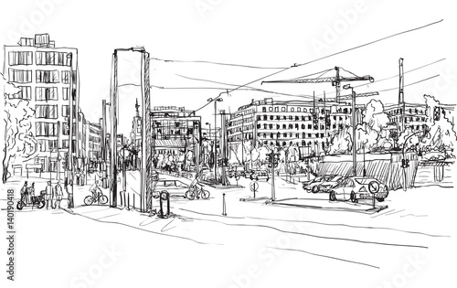 sketch city scape of Berlin street with building and peoples walk along the road, free hand draw illustration vector