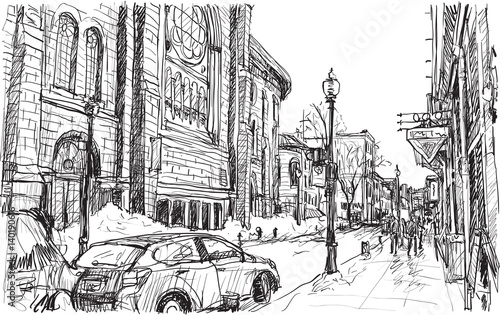 city scape sketch of town street in Quebec Canada with snow and peoples walking on walkway, free hand draw illustration vector