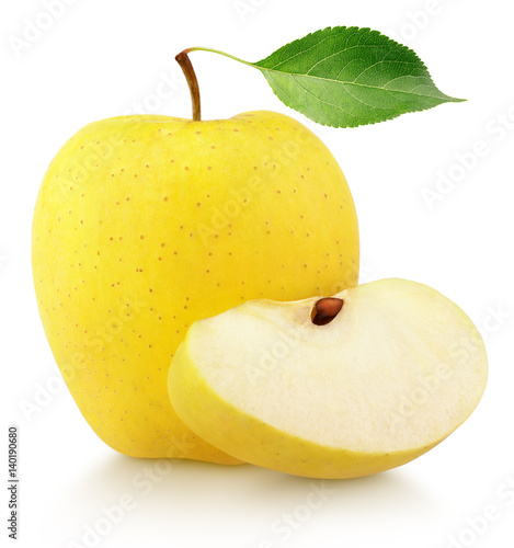 Ripe yellow apple fruit with green leaf and apple slice isolated on white background