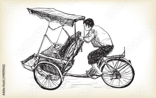 sketch of tricycle taxi in Hanoi Vietnam, free hand draw illustration vector
