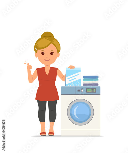 Vector cartoon woman housewife washes clothes in the washing machine.