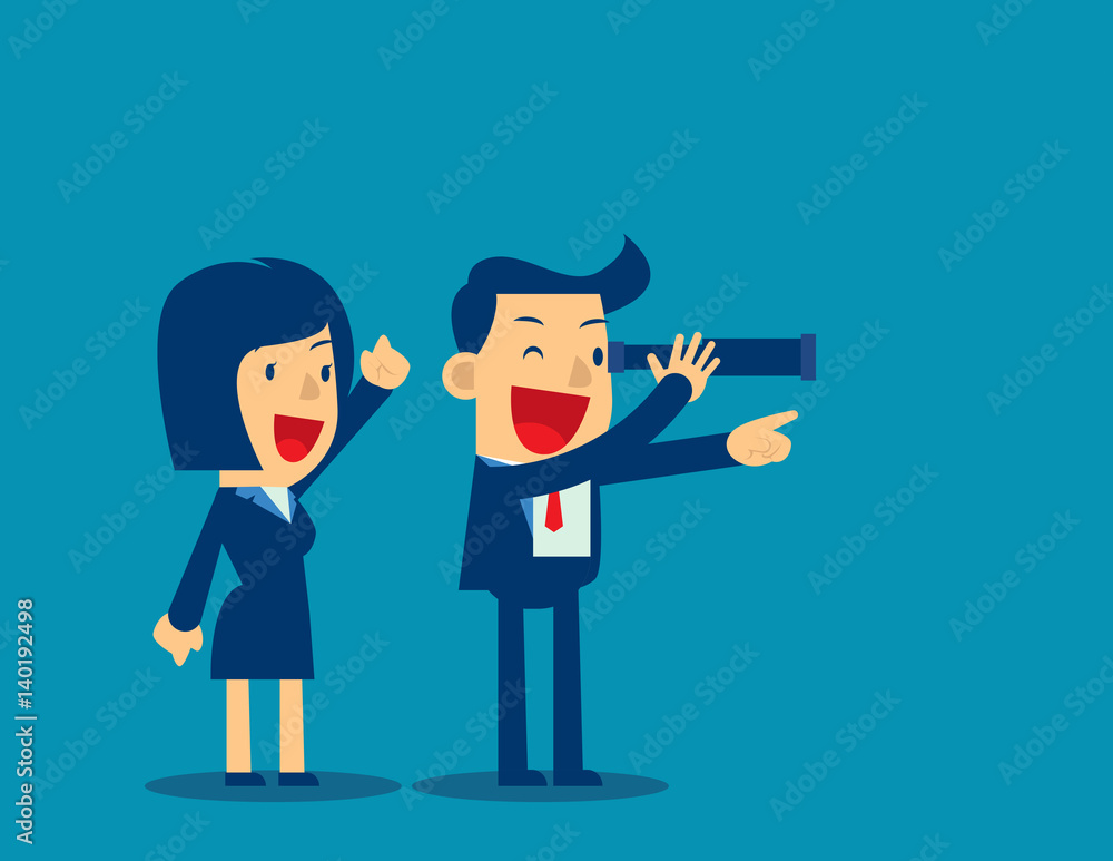 Business team has telescope and leading his team to success Business team has telescope and leading his team to success