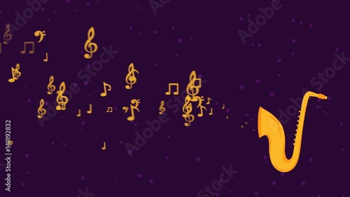 Looped animated background of a music symbols coming out of a saxophone