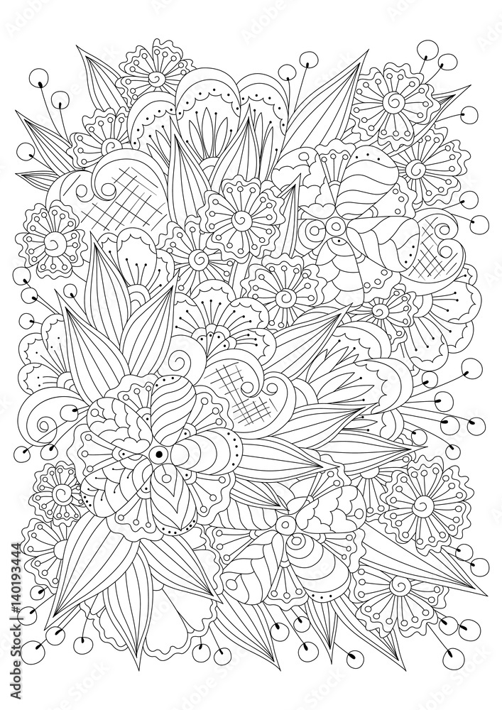 Fototapeta premium Hand drawn backdrop. Coloring book, page for adult and older children. Black and white abstract floral pattern.