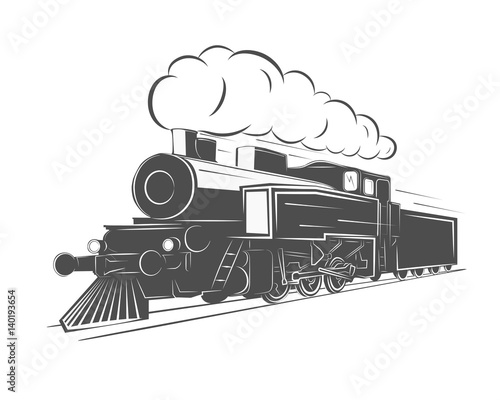 Vintage steam train isolated on white background, old retro railroad