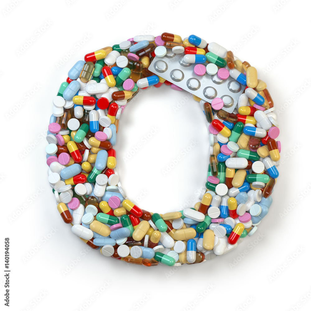 Letter O. Set of alphabet of medicine pills, capsules, tablets and blisters isolated on white. 3d illustration Letter O. Set of alphabet of medicine pills, capsules, tablets and blisters isolated on white. 3d illustration