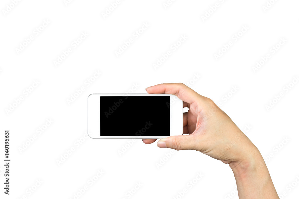 Woman hand holding and using mobile,cell phone,smart phone with isolated screen on white background. Woman hand holding and using mobile,cell phone,smart phone with isolated screen on white background.