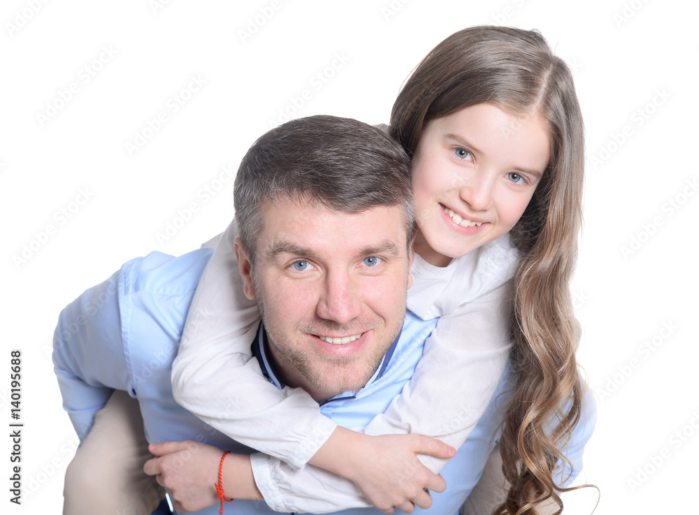 Happy father and daughter on a white background Happy father and daughter on a white background