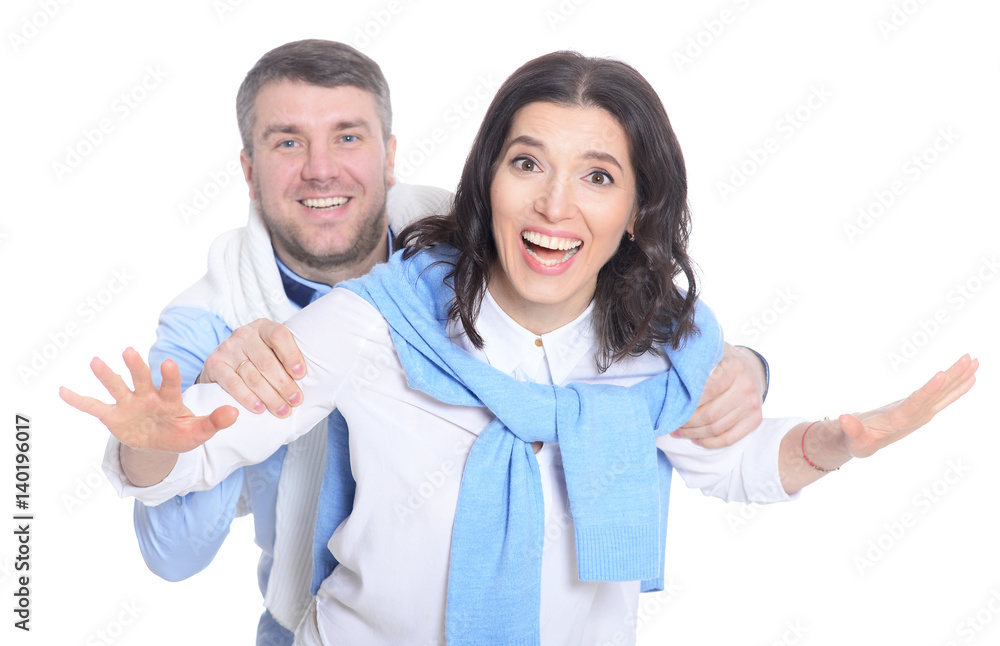 Happy young couple on a white background Happy young couple on a white background