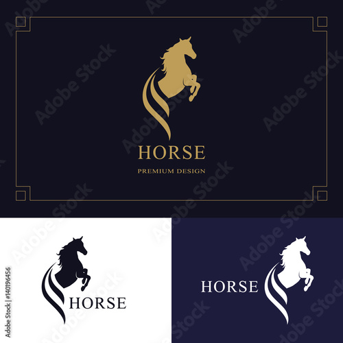 Horse logo. King stallion in jump. Racehorse head profile. Stylish graphic template design for company, farm, race. Vector illustration