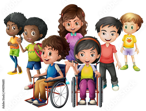 Happy children standing and on wheelchairs