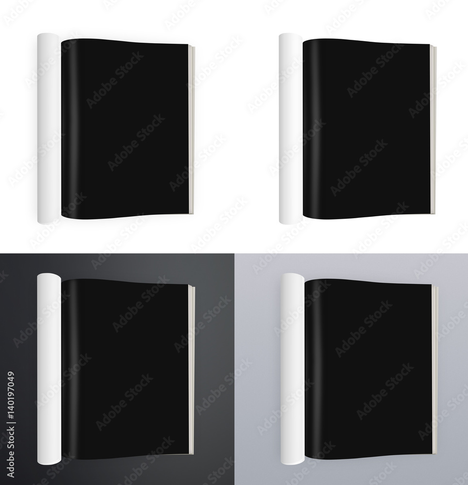 Open paper journal. Paper journal, blank magazine on a white, gray and black background. Page template design element.