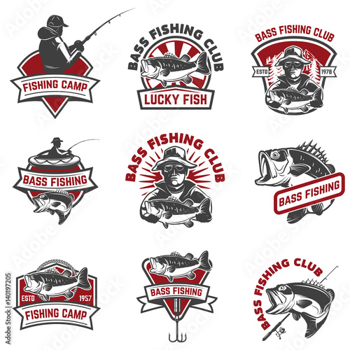 Set of bass fishing emblem templates isolated on white background. Design elements for logo, label, sign. Vector illustration