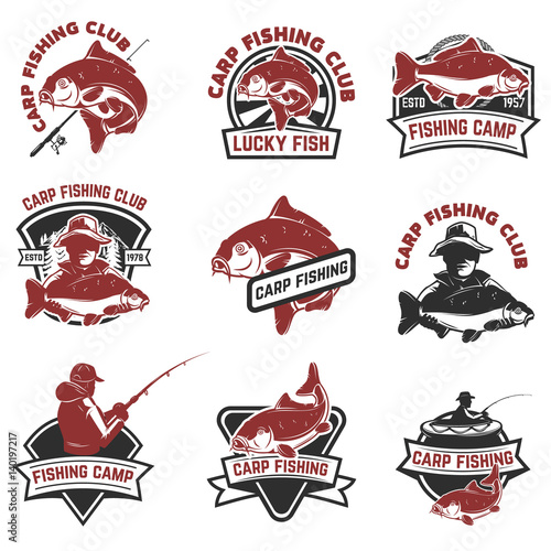 Set of carp fishing labels isolated on white background. Design elements for logo, label, emblem, sign. Vector illustration.