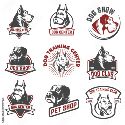 Dog shop, dog training center emblem templates isolated on white background. Design elements for logo, label, sign. Vector illustration