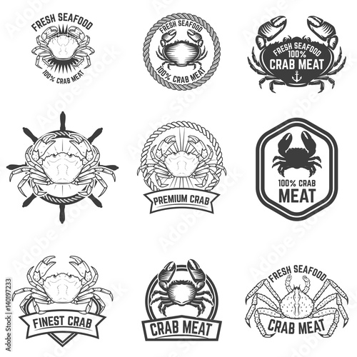 Set of crab meat labels. Fresh seafood. Design elements for logo, label, emblem, sign. Vector illustration.