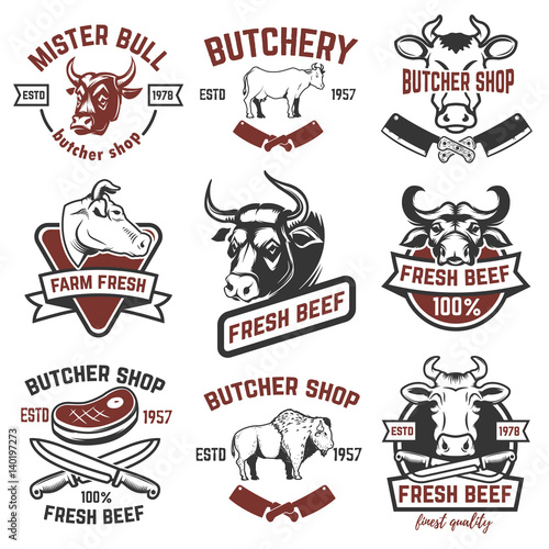 Set of fresh beef labels isolated on white background. Butcher shop. Design elements for logo  label  sign. Vector illustration.