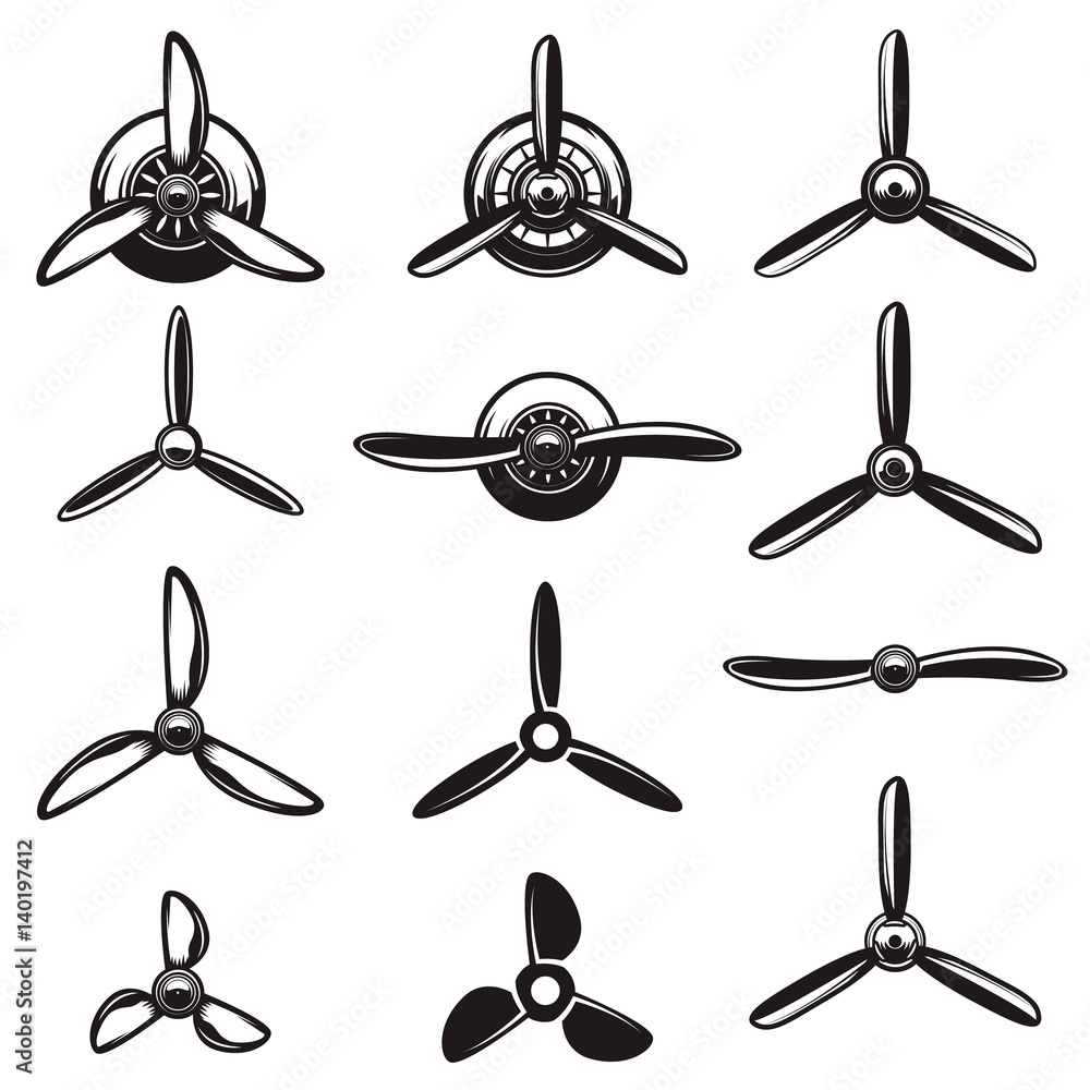 Set of the airplane propellers. Design elements for logo, label, sign. Vector illustration - obrazy, fototapety, plakaty 