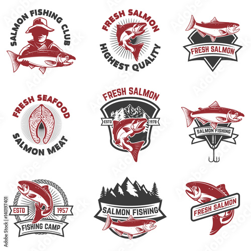Set of salmon fishing emblems. Design elements for logo, label, sign. Vector illustration.