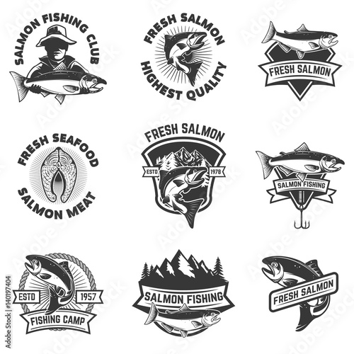 Set of salmon fishing emblems. Seafood. Design elements for logo, label, sign, brand mark. Vector illustration