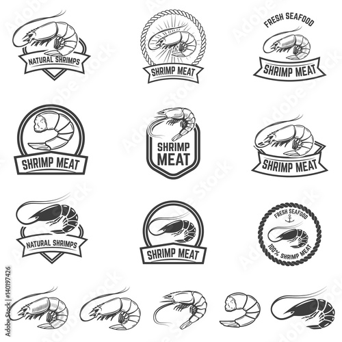 Set of shrimp meat emblems. Fresh seafood. Design elements for logo, label, sign. Vector illustration.
