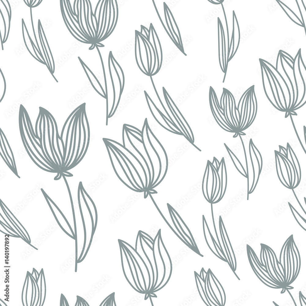 Hand drawn graphic Tulip seamless pattern  vector background.  spring wrapping paper.